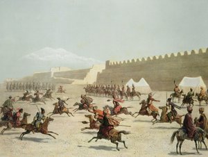 Kurdish and Tatar Warriors at Sadar Abbat, Armenia, plate 15 from a book on the Caucasus, Rayot and Jacottet, published by Alfred Leon Lemercier, Paris, 1847